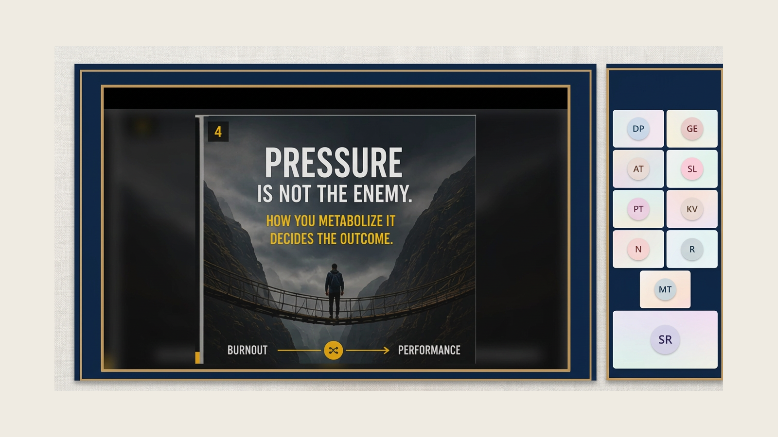Turning Pressure Into Performance virtual session showing the message that pressure is not the enemy