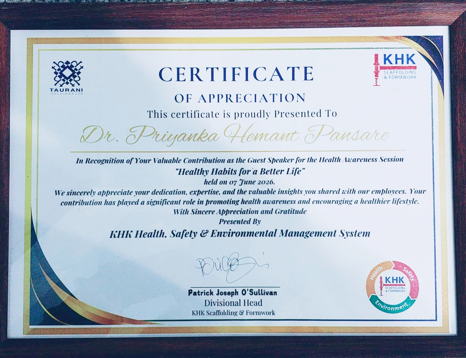 Certificate of Appreciation from KHK Scaffolding & Formwork for the Healthy Habits for a Better Life session