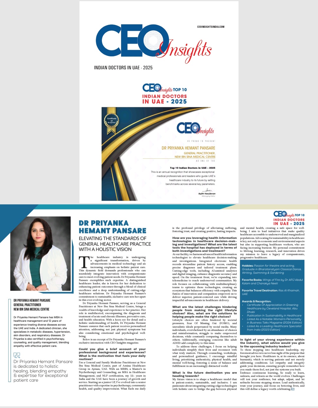 CEO Insights India magazine feature naming Dr. Priyancka Hemant Pansare among the Top 10 Indian Doctors in UAE 2025