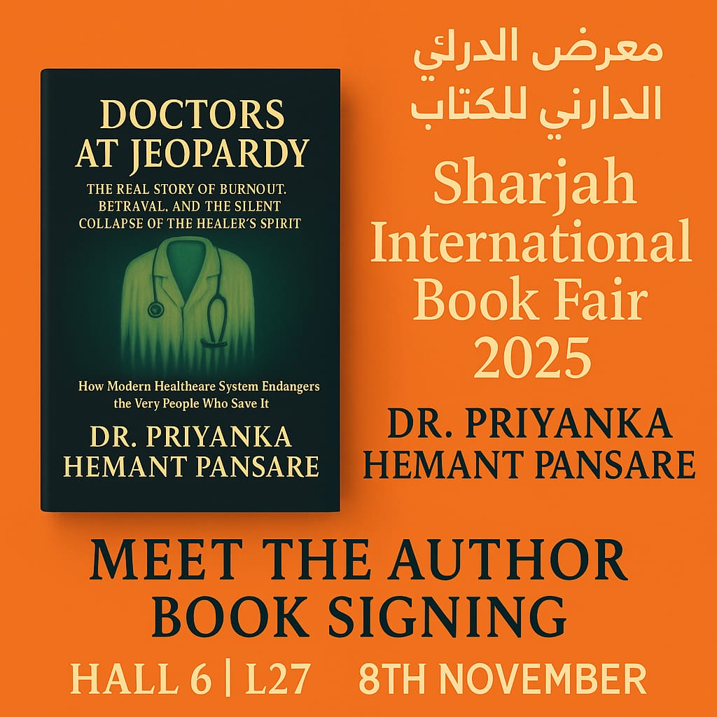 Sharjah International Book Fair 2025 promotional flyer for the Doctors at Jeopardy meet-the-author book signing