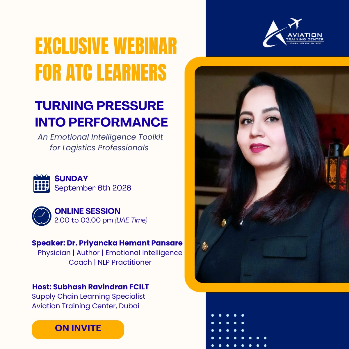 Webinar announcement for Turning Pressure Into Performance with Dr. Priyancka Hemant Pansare and host Subhash Ravindran FCILT