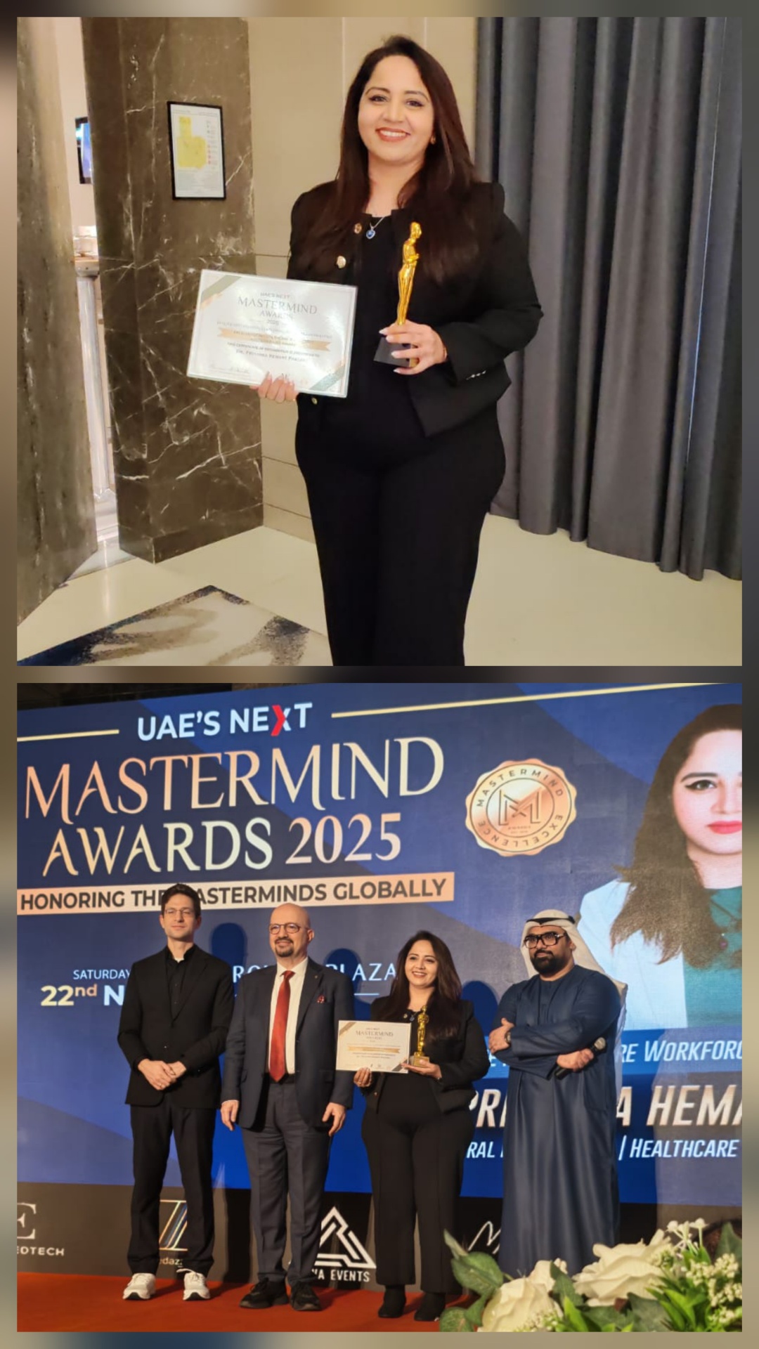 Dr. Priyancka Pansare receiving the Excellence in Healthcare Workforce Sustainability Award on stage at UAE's Next Mastermind Awards 2025
